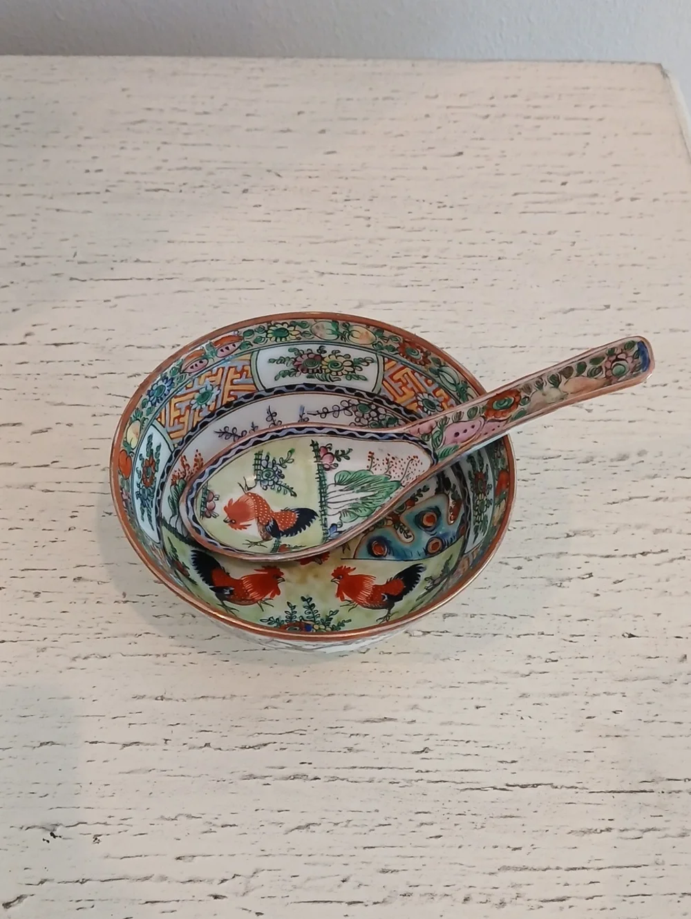 Chnese Famille Rose Porcelain Rice Bowl & Spoon Hand Painted Roosters Floral Des